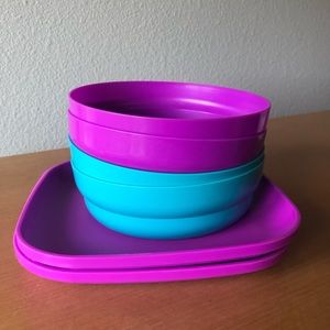 Vintage Tupperware 4 Bowls 2 Plates Purple and Blue Square